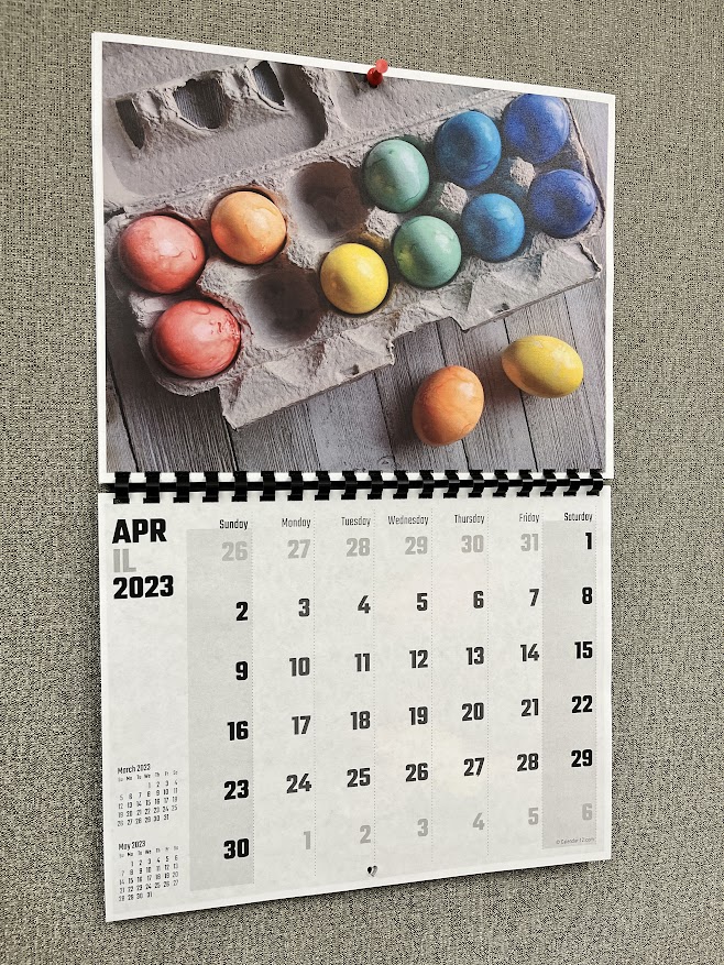 A photo of a calendar displaying the month of April